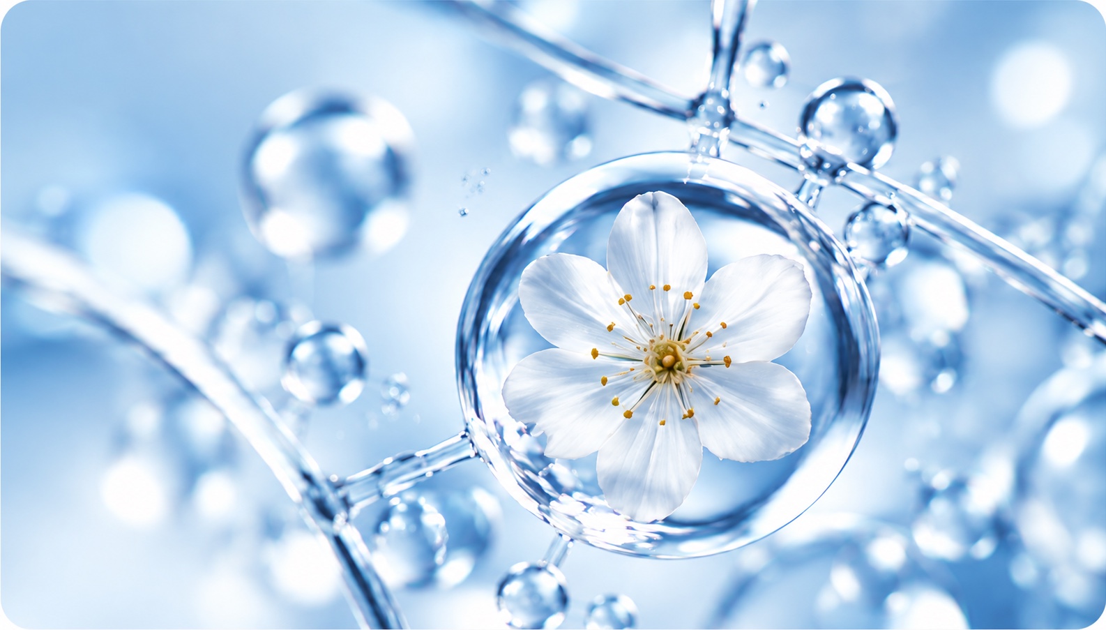 White flower inside a glass sphere among blue molecules